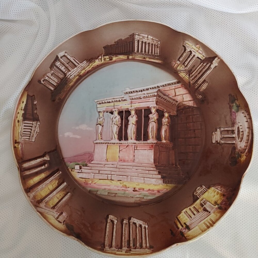 Vintage Greece Art Decorative Raised Design Hand Painted Plate